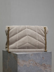 YSL 25S LOULOU PUFFER GM 35 IN SMOKEY TAUPE SUEDE GOLD HARDWARE