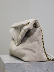 YSL 25S LOULOU PUFFER GM 35 IN SMOKEY TAUPE SUEDE GOLD HARDWARE