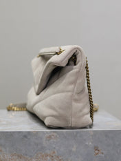 YSL 25S LOULOU PUFFER MM 29 IN SMOKEY TAUPE SUEDE GOLD HARDWRE