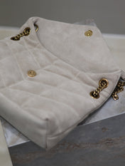 YSL 25S LOULOU PUFFER MM 29 IN SMOKEY TAUPE SUEDE GOLD HARDWRE