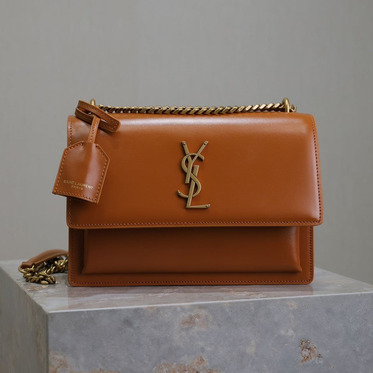 YSL 25S SUNSET BAG 22 IN DARK CARAMEL CALFSKIN GOLD HARDWARE