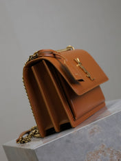YSL 25S SUNSET BAG 22 IN DARK CARAMEL CALFSKIN GOLD HARDWARE