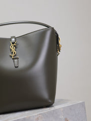 YSL 25S LE 5 À 7 BUCKET 26 IN DARK OLIVE CALFSKIN GOLD HARDWRE