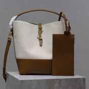 YSL 25S LE 5 À 7 BUCKET 26 IN CREAM BROWN CALFSKIN AND CANVAS GOLD HARDWRE