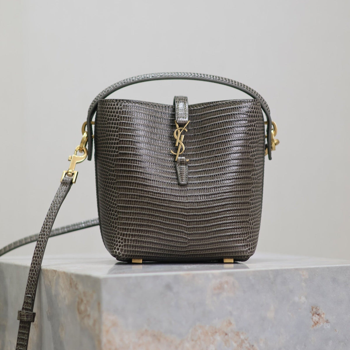 YSL 25S LE 37 MINI 15 IN BROWN LIZARD PATTERN CALFSKIN GOLD HARDWARE