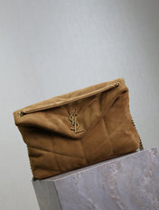YSL 25S LOULOU PUFFER GM 35 IN TAN BROWN SUEDE GOLD HARDWARE