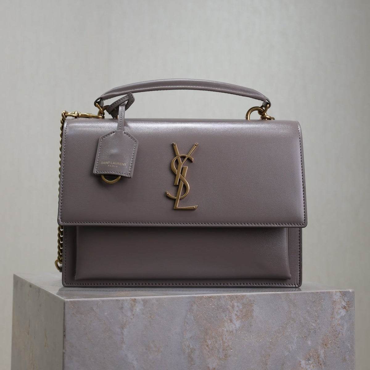 YSL 25S SUNSET MM 25 IN GRAYISH PURPLE CALFSKIN GOLD HARDWRE
