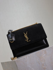 YSL 25S SUNSET BAG 22 IN BLACK CALFSKIN AND SUEDE GOLD HARDWARE