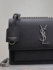 YSL 25S SUNSET MEDIUM 22 IN BLACK GRAINED CALFSKIN SILVER HARDWARE