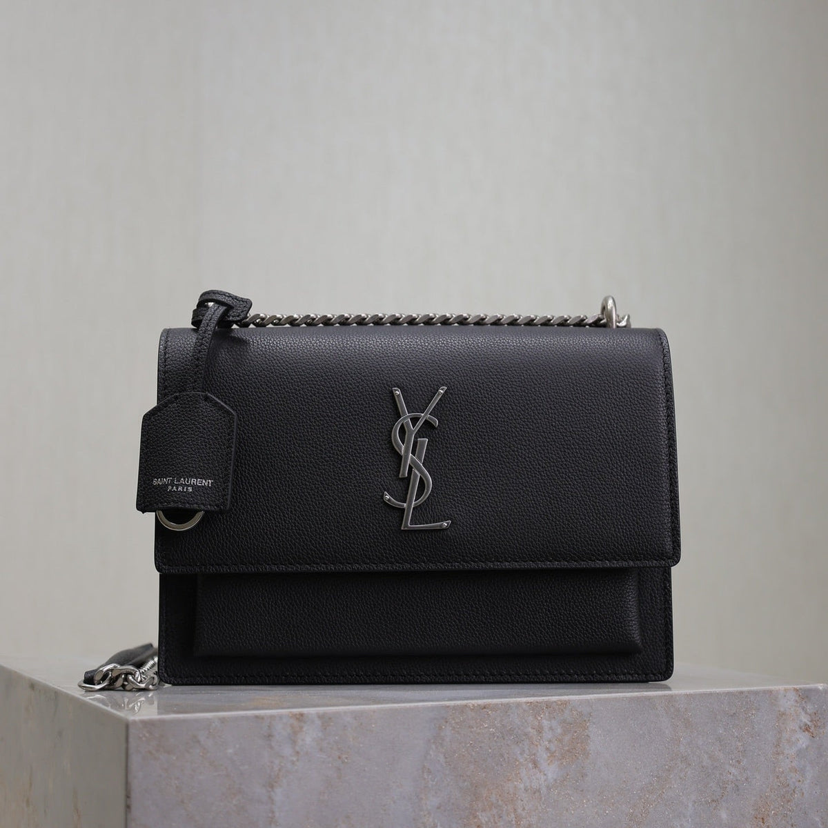 YSL 25S SUNSET MEDIUM 22 IN BLACK GRAINED CALFSKIN SILVER HARDWARE