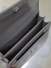 YSL 25S SUNSET MEDIUM 22 IN DARK GRAY CROCODILE-EMBOSSED SHINY CALFSKIN SILVER HARDWRE