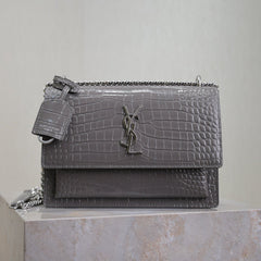 YSL 25S SUNSET MEDIUM 22 IN DARK GRAY CROCODILE-EMBOSSED SHINY CALFSKIN SILVER HARDWARE