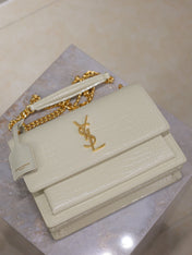 YSL 25S SUNSET MEDIUM 22 IN IVORY CROCODILE-EMBOSSED SHINY CALFSKIN GOLD HARDWARE