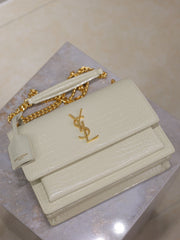 YSL 25S SUNSET MEDIUM 22 IN IVORY CROCODILE-EMBOSSED SHINY CALFSKIN GOLD HARDWARE
