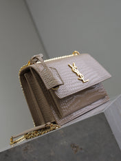 YSL 25S SUNSET MEDIUM 22 IN NUDE CROCODILE-EMBOSSED SHINY CALFSKIN GOLD HARDWARE