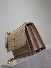 YSL 25S SUNSET MEDIUM 22 IN NUDE CROCODILE-EMBOSSED SHINY CALFSKIN GOLD HARDWARE