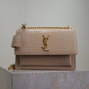 YSL 25S SUNSET MEDIUM 22 IN NUDE CROCODILE-EMBOSSED SHINY CALFSKIN GOLD HARDWARE