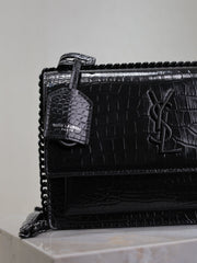 YSL 25S SUNSET MEDIUM 22 IN BLACK CROCODILE-EMBOSSED SHINY CALFSKIN BLACK HARDWARE