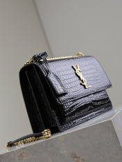 YSL 25S SUNSET MEDIUM 22 IN BLACK CROCODILE-EMBOSSED SHINY CALFSKIN GOLD HARDWARE