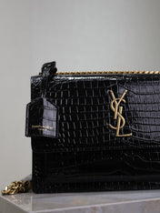 YSL 25S SUNSET MEDIUM 22 IN BLACK CROCODILE-EMBOSSED SHINY CALFSKIN GOLD HARDWARE