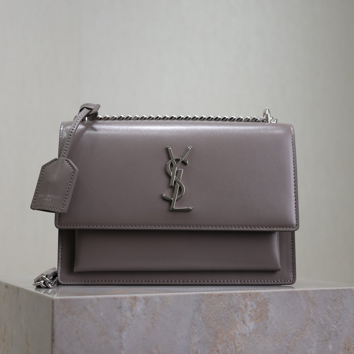 YSL 25S SUNSET BAG 22 IN DARK PURPLE CALFSKIN SILVER HARDWARE
