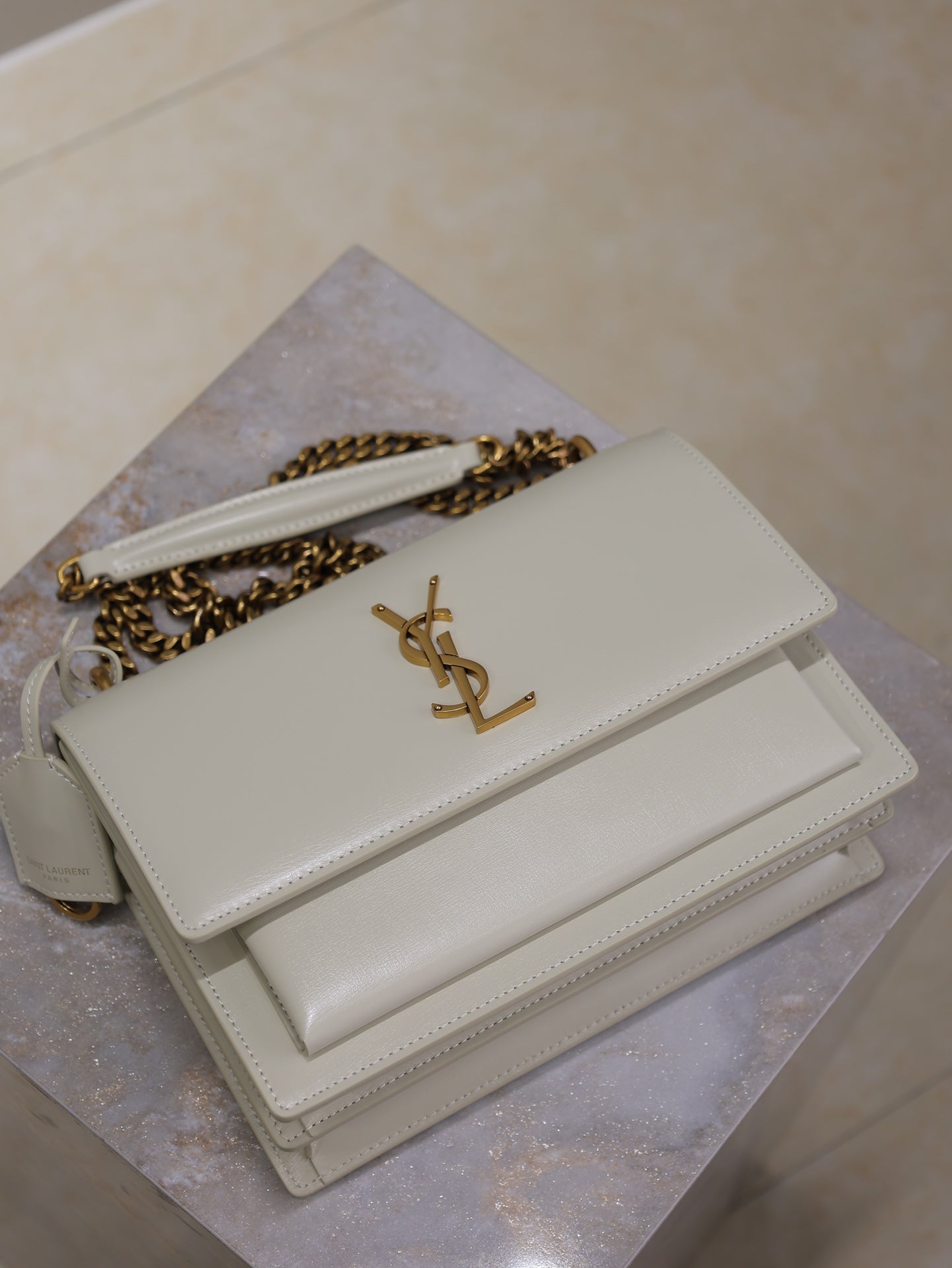 YSL 25S SUNSET BAG 22 IN IVORY CALFSKIN GOLD HARDWARE