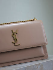 YSL 25S SUNSET BAG 22 IN WARM TAUPE PINK CALFSKIN GOLD HARDWARE