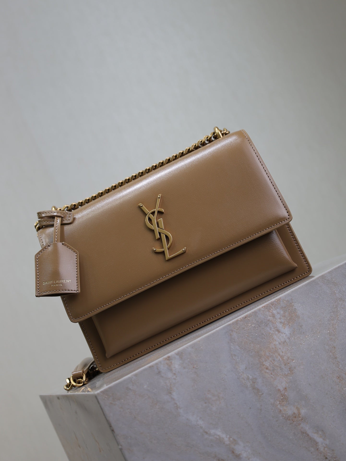 YSL 25S SUNSET BAG 22 IN BROWN CALFSKIN GOLD HARDWARE
