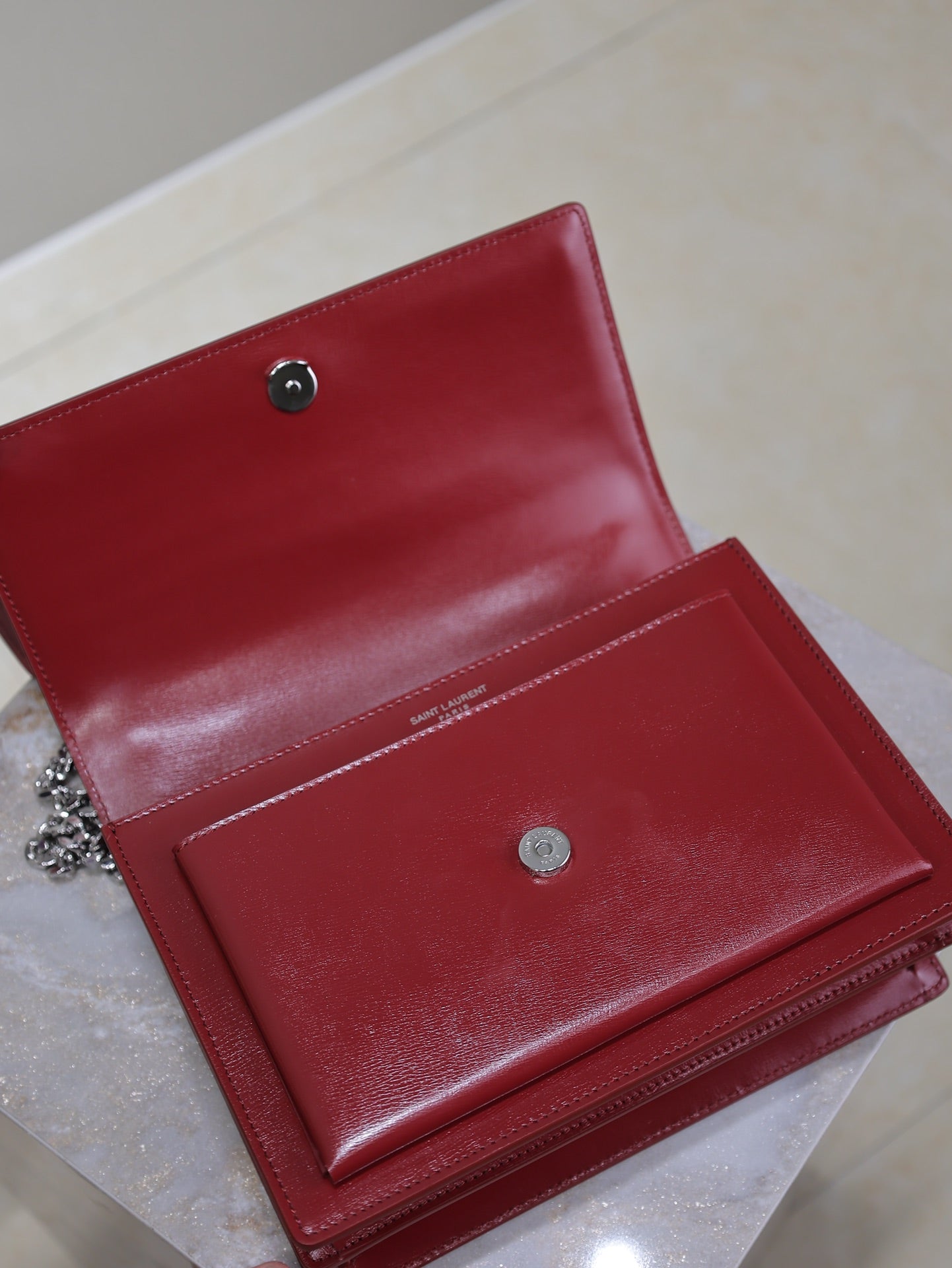 YSL 25S SUNSET BAG 22 IN CRIMSON RED CALFSKIN SILVER HARDWARE