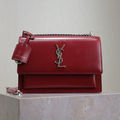 YSL 25S SUNSET BAG 22 IN CRIMSON RED CALFSKIN SILVER HARDWARE