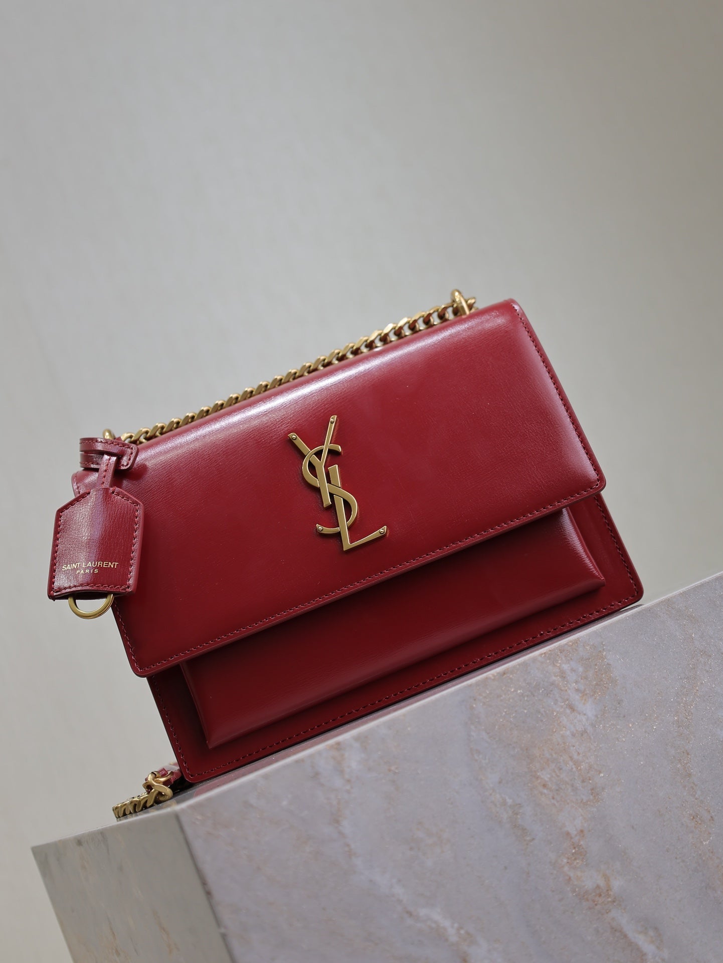 YSL 25S SUNSET BAG 22 IN CRIMSON RED CALFSKIN GOLD HARDWARE
