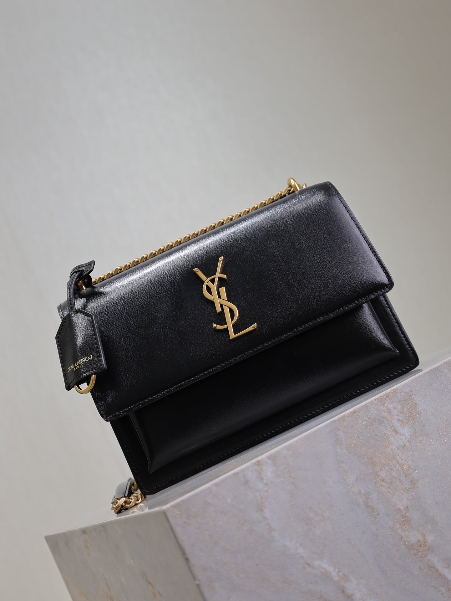 YSL 25S SUNSET BAG 22 IN BLACK CALFSKIN GOLD HARDWARE
