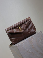 YSL 25S LOULOU PUFFER MM 29 IN DARK BROWN CALFSKIN GOLD HARDWARE