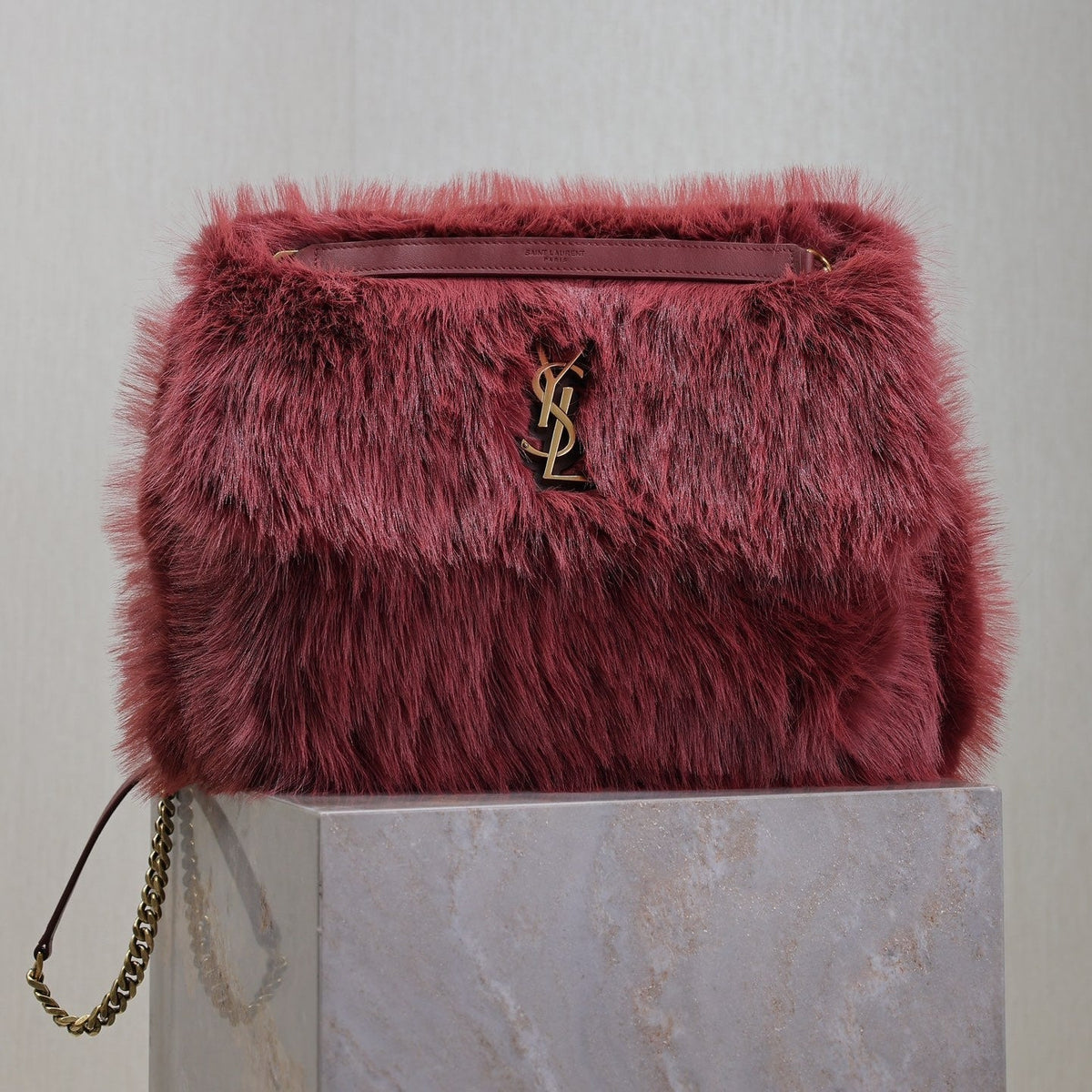 NIKI LARGE 32 IN CURRANT RED RABBIT FUR GOLD HARDWARE