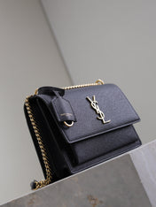 YSL 25S SUNSET MEDIUM 22 IN BLACK GRAINED CALFSKIN GOLD HARDWARE