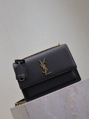 YSL 25S SUNSET MEDIUM 22 IN BLACK GRAINED CALFSKIN GOLD HARDWARE
