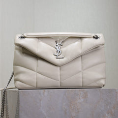 YSL 25S LOULOU PUFFER MM 29 IN SMOKEY TAUPE CALFSKIN SILVER HARDWRE