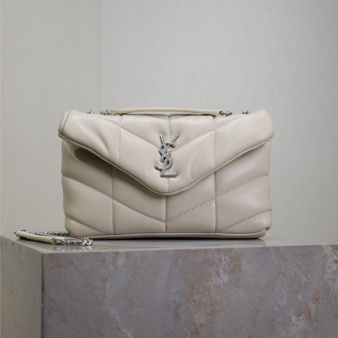 YSL 25S LOULOU PUFFER MINI 23 IN SMOKEY TAUPE CALFSKIN SILVER HARDWRE