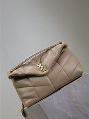 YSL 25S LOULOU PUFFER GM 35 IN BROWN CALFSKIN GOLD HARDWARE