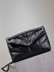 YSL 25S LOULOU PUFFER MM 29 IN BLACK CALFSKIN BLACK HARDWARE