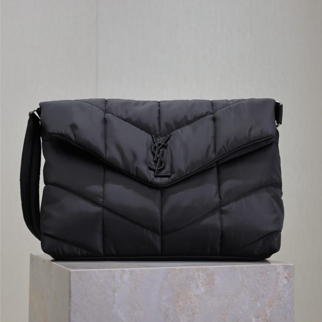 YSL 25S LOULOU PUFFER BAG 34 IN BLACK NYLON SILVER HARDWARE