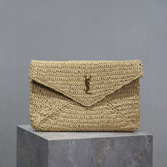 YSL 25S CASSANDRE LARGE ENVELOPE POUCH 29 IN NATURAL RAFFIA GOLD HARDWARE