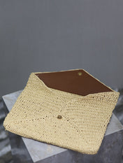 YSL 25S CASSANDRE LARGE ENVELOPE POUCH 29 IN NATURAL RAFFIA GOLD HARDWARE