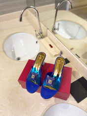 HIGH MULE 60MM IN COBALT BLUE SHEEPSKIN AND TRANSPARENT PVC