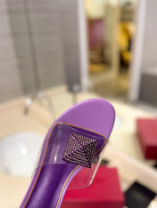 HIGH MULE 60MM IN MAUVE PURPLE SHEEPSKIN AND TRANSPARENT PVC