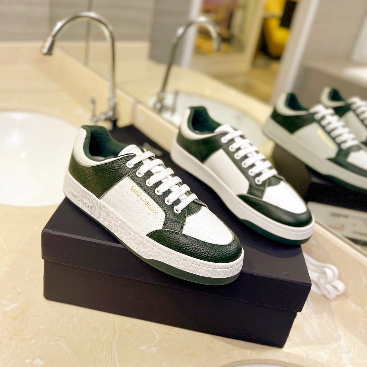 SL SL/61 SNEAKERS DARK GREEN AND WHITE CALFSKIN