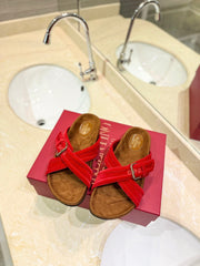 FUSSFRIEND CHERRY RED SILK VELVET SLIDE SANDALS