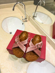 FUSSFRIEND CREPE PINK SILK VELVET SLIDE SANDALS