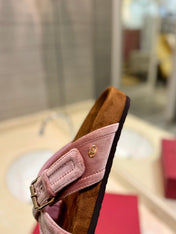 FUSSFRIEND CREPE PINK SILK VELVET SLIDE SANDALS
