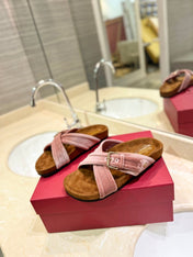 FUSSFRIEND CREPE PINK SILK VELVET SLIDE SANDALS